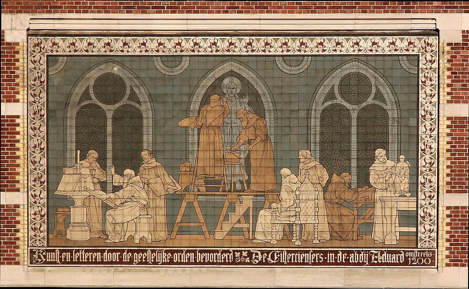 Tegeltabeau Kunst en letteren door de geestelijke orden bevorderd Cisterciënzers in de abdij Aduard
