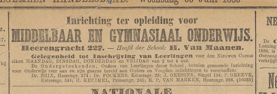 1886-06-30 Keizersgracht 227 Advertentie school Het nieuws van den dag