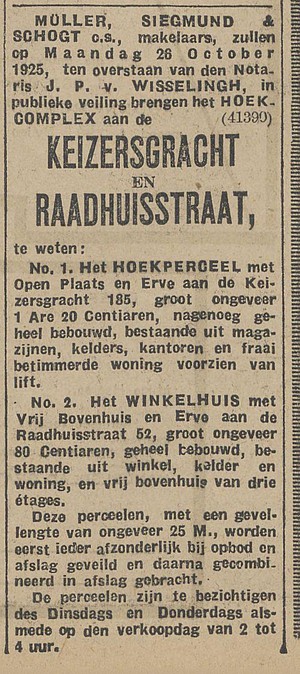 Keizersgracht 185 1925 veiling Algemeen Handelsblad 19-09-1925