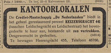 Keizersgracht 441 1926 te huur Algemeen Handelsblad 30-03-1926