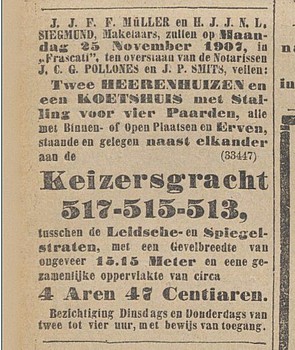 Keizersgracht 513-517 Veiling Algemeen Handelsblad 08-11-1907
