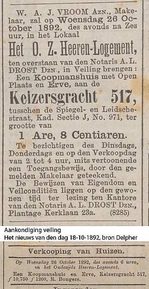 Keizersgracht 517 op veiling Het nieuws van den dag 28-10-1892