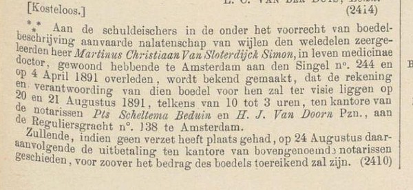 Singel 244 1891 Erfenis Nederlandsche staatscourant 17-08-1891