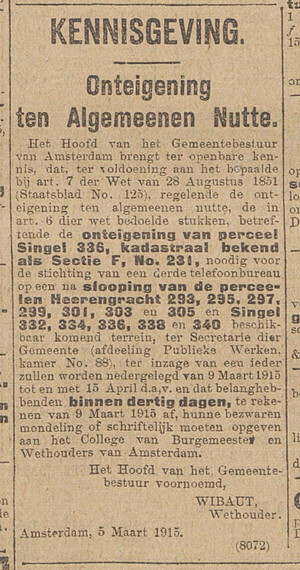 Herengracht 295 Onteigening 08-03-1915 Algemeen Handelsblad