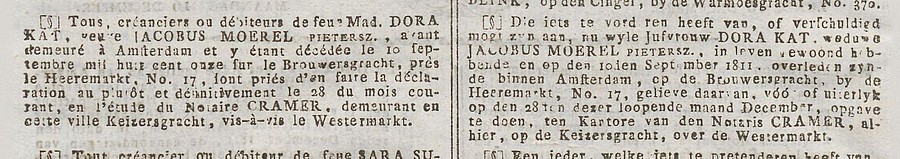 1811 JW Cramer oproep Affiches  annonces et avis divers d  Amsterdam 16-12-1811